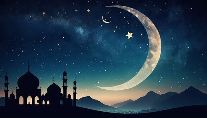 Naklejka premium Silhouette of a mosque under a crescent moon and starry night sky with mountains in the background, symbolizing peace and spirituality in an Islamic setting. 