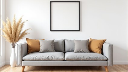 Cozy gray couch adorned with three plush pillows—two rich brown, one matching gray—arranged elegantly at the forefront for a touch of sophistication and comfort indoors