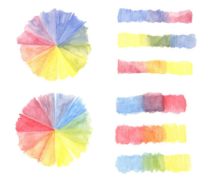 Color mixing theory illustration. Gradient primary color strokes and color wheels in rainbow hues. Hand painted watercolor crayons clipart. Versatile for DIY projects, elements for educational content