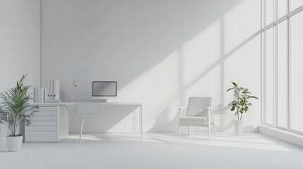 Minimalist Office Design: An immaculate white office space boasts clean lines, a sleek desk, and modern furniture. Sunlight streams in through large windows.