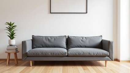 Fototapeta premium Cozy gray couch adorned with plush pillows rests on sleek horizontal wooden floors, inviting comfort and warmth in an elegant interior space