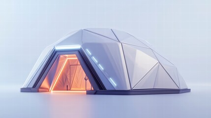 Futuristic Geodesic Dome: A sleek, white geodesic dome structure with glowing neon orange entrance, futuristic architecture concept.  Render of a modern, minimalist design. 