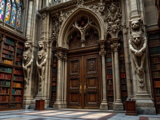 Fototapeta premium Gothic Library Entrance with Ornate Carvings and Stained Glass Windows