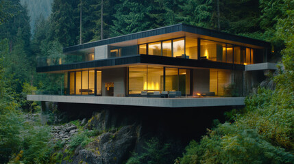 Bold contemporary home with cantilevered upper level, surrounded by lush greenery and rocky terrain, showcasing modern architecture and warm lighting