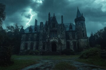 Gothic mansion with gargoyle adornments struck by thunderstorm eerie atmosphere high-fidelity imagery dark environment dramatic perspective