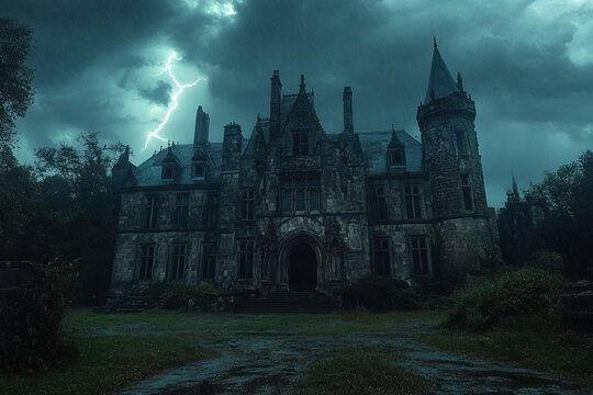 Gothic mansion with gargoyle adornments struck by thunderstorm eerie atmosphere high-fidelity imagery dark environment dramatic perspective
