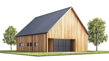 Modern Barn House Design: Architectural rendering of a contemporary barn house with wood siding, metal roof, and large garage doors, set against a grassy landscape with trees.
