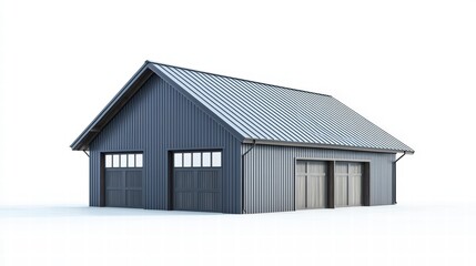 Modern Two-Car Garage: A contemporary two-car garage with a gray siding and a metal roof stands against a clean background, showcasing its sleek and functional design.