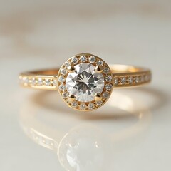 Halo Engagement Ring: A stunning halo engagement ring features a sparkling solitaire diamond surrounded by a delicate halo of smaller diamonds, all set in a shimmering gold band.