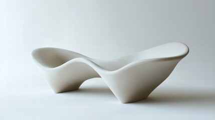 Abstract Ceramic Sculpture:  A minimalist ceramic sculpture takes on a fluid, organic form, its smooth, white surface  exhibiting a sinuous, almost biomorphic shape.