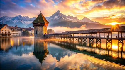 Fototapeta premium Lucerne Chapel Bridge Double Exposure Sunrise Swiss Alps Stock Photo