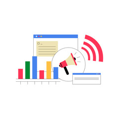 Digital Marketing Campaign With Analytics And Megaphone In Flat Vector Illustration Symbolizing Advertising, Promotion, And Online Marketing, Isolated On White Background.