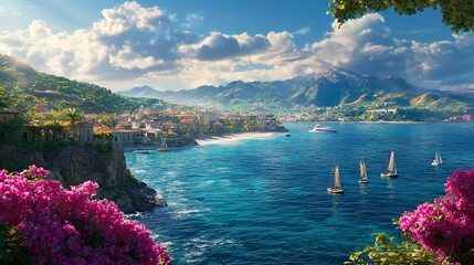 Sunny coastal town nestled in mountains, boats on turquoise sea.