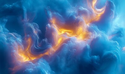 colorful swirling clouds of blue and gold hues in an abstract fluid art piece, fluid art colors, abstract blue tones, dynamic composition, cloud-like patterns, vibrant color palette