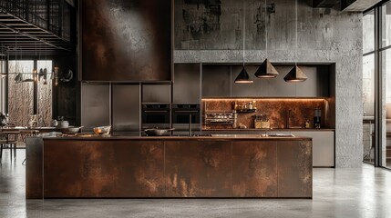 Industrial Chic Kitchen: A stunning modern kitchen design featuring a large rusted-metal island, sleek stainless steel appliances, and exposed concrete walls.