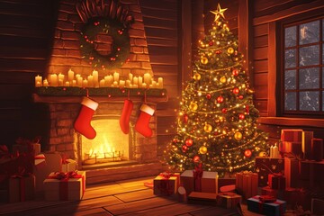Fototapeta premium Cozy cabin Christmas Tree, fireplace, gifts, snowy night