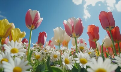 Fototapeta premium Colorful tulips and daisies bloom under a clear blue sky in a vibrant floral field