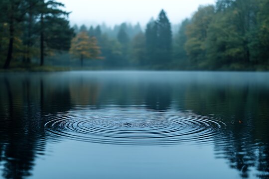 Serene misty lake with concentric ripples.