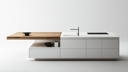 Modern Kitchen Island Design: A sleek and contemporary kitchen island with a minimalist design, featuring a combination of white cabinetry and a warm wooden countertop.