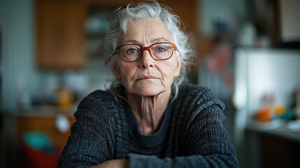 A senior woman sitting in a cozy kitchen setting, her neutral expression showcases a blend of experience and introspection, symbolizing the essence of home and comfort.