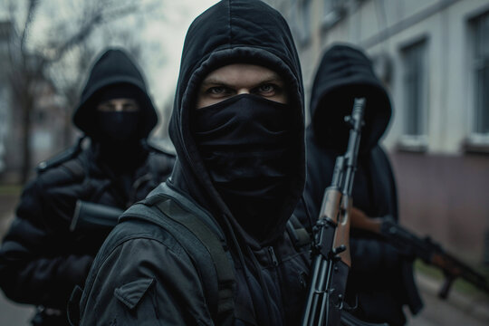 Generative AI Image of Dangerous Terrorist Gang with Guns in Military Combat Gear