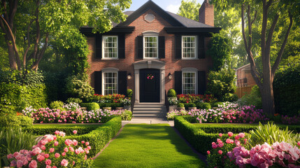 Naklejka premium classic brick house with black shutters surrounded by vibrant flowers and lush greenery, creating welcoming and picturesque atmosphere