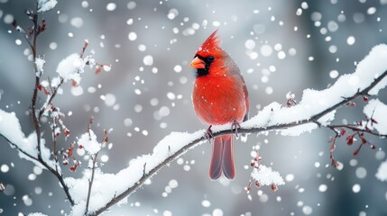 Male northern cardinal perched on a snowy branch, its bright red feathers in stark contrast to the white snow.