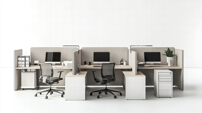 Modern Office Workspace: Clean lines and minimalist design define this contemporary open-plan office, featuring individual workstations with privacy screens, ergonomic chairs, and modern technology.