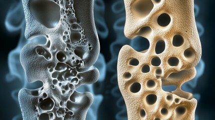 Detailed vector illustration of healthy vs. osteoporosis-affected bones with clear labels and copy space.