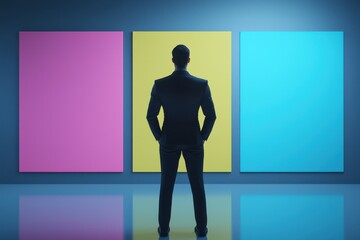 Obraz premium Businessman Choosing Between Three Colorful Options Decision Making Concept Modern Office