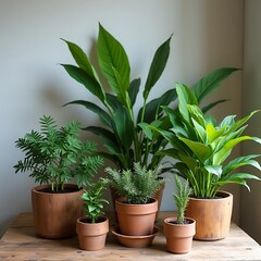 Obraz premium Green Haven: A collection of lush, verdant houseplants in terracotta pots, arranged in a minimalist setting, bring a touch of nature indoors. Their vibrant foliage thrives in the warmth of the sun. 