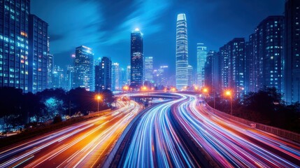 Fototapeta premium Dynamic traffic flow in a surreal urban skyline cityscape nighttime long exposure futuristic environment aerial view modern connectivity concept