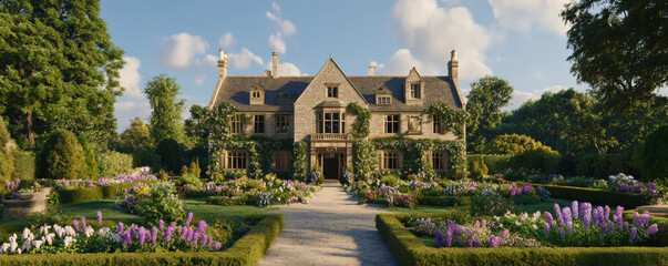 classic English manor surrounded by vibrant gardens and lush greenery, featuring cream colored stone hedge and colorful flowers, creating serene and picturesque atmosphere