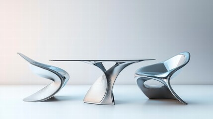 Fototapeta premium Sculptural Dining Set: A futuristic dining set featuring two organically shaped chairs and a unique, sculptural table with a glass top. The sleek.
