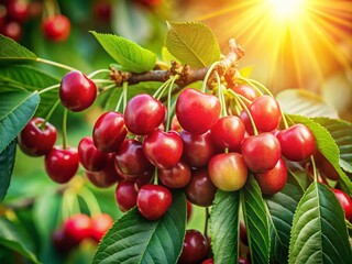 Obraz premium Lush Green Cherry Tree, Ripe Cherries Hanging, Summer Nature Scene, Vibrant Foliage, Orchard