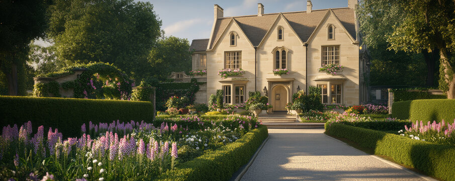 classic English manor with cream colored stone, surrounded by lush gardens and vibrant flowers, exuding charm and elegance. serene atmosphere invites tranquility and beauty