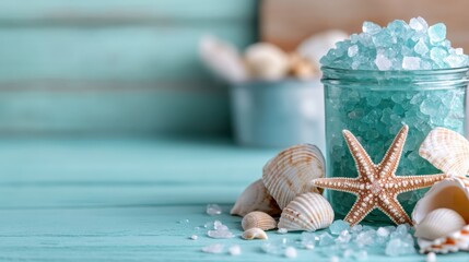 Obraz na płótnie Canvas Aesthetic view of a jar filled with teal sea salt, surrounded by seashells on a wooden surface evokes a sense of relaxation and coastal beauty.