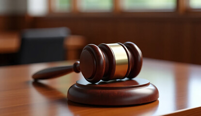 Obraz premium Justice Symbol: A Gavel on a Wooden Table in a Law Office