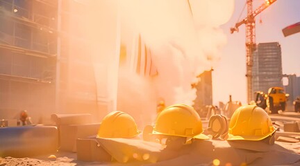 A sunny construction site displays shiny tools, bright yellow helmets, and a large, waving American flag in the background