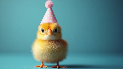 Fluffy newborn chick sporting pink birthday party hat, perched against bright turquoise backdrop, radiating playful celebration mood