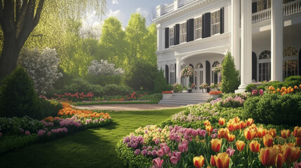 Fototapeta premium classic white house with elegant columns surrounded by vibrant garden filled with colorful tulips and lush greenery, creating serene and inviting atmosphere