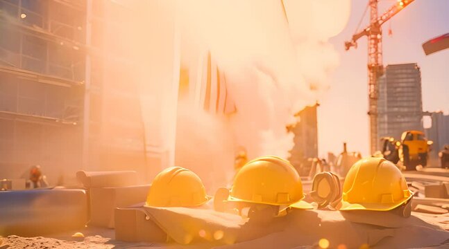 A sunny construction site displays shiny tools, bright yellow helmets, and a large, waving American flag in the background