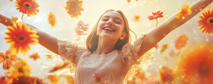 Composite art 3d creative vertical collage of happy girl dance gerbera flower bloom spring holiday celebration present model