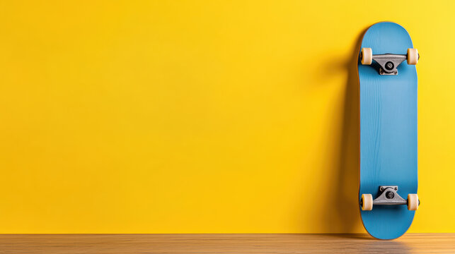 bright blue skateboard leaning against sunny yellow wall