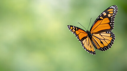 Naklejka premium bright orange butterfly gracefully flutters against soft green background