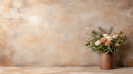 beautiful bouquet of flowers in vase against textured background