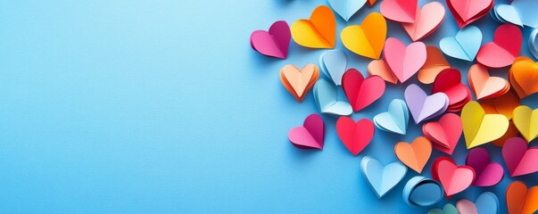 Colorful paper hearts arranged on a blue background for decoration and craft ideas