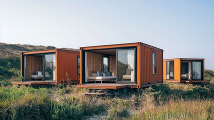 Fototapeta premium Coastal Container Cabins: Three modern, rust-colored shipping container cabins offer unique coastal lodging. Open-plan design and expansive glass doors showcase stunning ocean views.