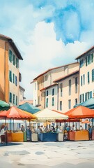 Fototapeta premium Vibrant Italian Market Scene Watercolor Painting of Colorful Stalls and Old Town Buildings under a