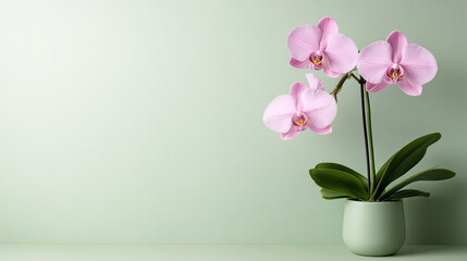 Naklejka premium beautiful pink orchid in green pot against light green background